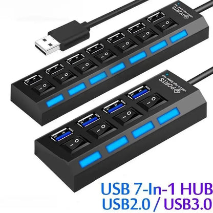 موزع USB 2.0 بسبعة منافذ، موزع USB للكمبيوتر، موزع USB One Drag Seven USB 2.0 للكمبيوتر الشخصي، الكمبيوتر المحمول، الكمبيوتر المكتبي 