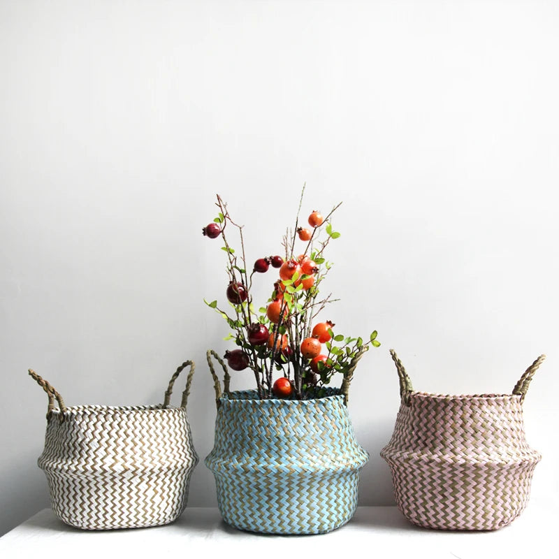 Boho Wicker Hanging Basket – Handmade Foldable Seagrass Flower Pot