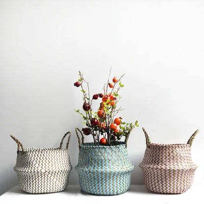Boho Wicker Hanging Basket – Handmade Foldable Seagrass Flower Pot