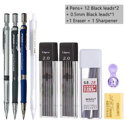 Mechanical Pencil Set 2.0 mm with 2B Black/Colors Lead Refill For Writing Sketching Art Drawing Painting School Automatic Pencil