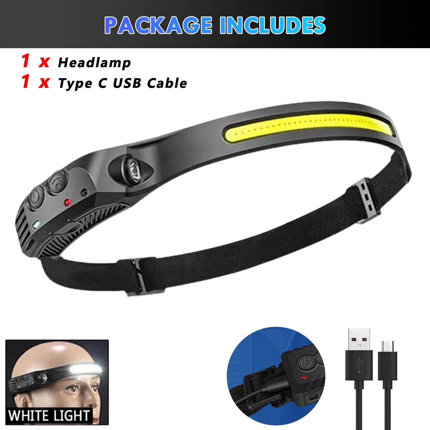 COB LED Sensor Head Lamp Induction Headlamp Built-in Battery Flashlight USB Rechargeable Head Torch 5 Lighting Modes Headlight