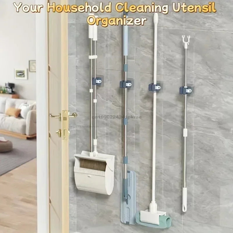 Self-adhesive Mop Holder – Wall Mounted Broom Stand & Brush Hook Storage Organizer
