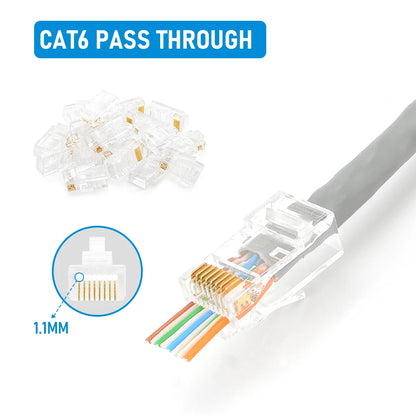 10/20/30/50 قطعة من موصلات RJ45 Cat6/Cat5e ذات طرف كريستالي 8P8C قابلة للضغط، قابس معياري لشبكة إيثرنت UTP
