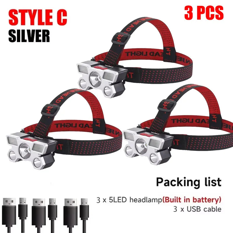 5 LED Rechargeable Headlamp with Built-in Lithium Battery – Waterproof Strong Headlight for Camping, Fishing & Cycling