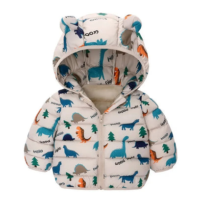 Children’s Lightweight Down Jacket with Hood – Boys Girls Autumn Dinosaur Print Coat