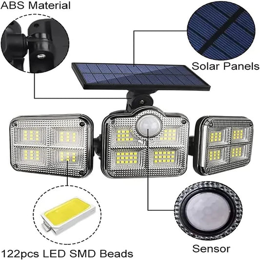 1-Pack Outdoor Motion Sensor Solar Light – 4-Head 122 LED Flood Lamp with 270° Coverage, 3000 Lumens & Solar Power