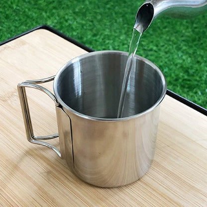 Stainless Steel Camping Cup – 250ml / 350ml / 500ml Portable Outdoor Mug with Carabiner & Foldable Handle