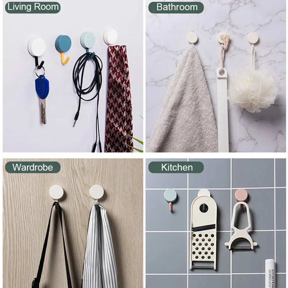 10PCS Self Adhesive Wall Hooks Strong Hold No Drilling – Multi-Color Coat, Bag, Towel Hangers for Bathroom, Kitchen & Home Storage