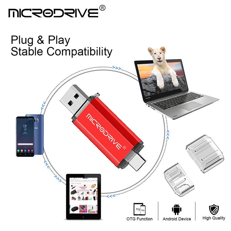 محرك أقراص فلاش USB من النوع C بتقنية OTG 2 في 1، يدعم USB 2.0 وMicro USB، متوفر بسعات 128 جيجابايت، 64 جيجابايت، 32 جيجابايت، 16 جيجابايت، 8 جيجابايت، و4 جيجابايت.