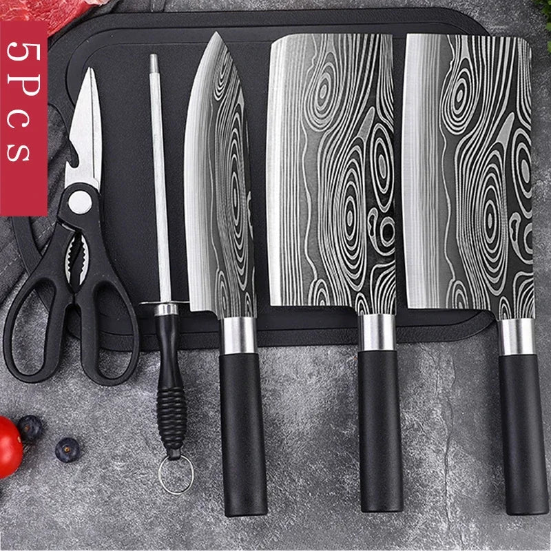 Laser Damascus Pattern Kitchen Knife & Scissors Set – Stainless Steel Utility Knives with Sharpening Rod for Precise Slicing