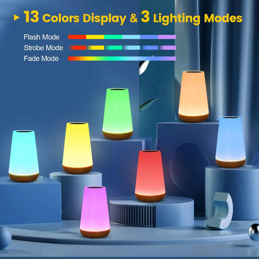 RGB Touch Table Lamp – 13 Color Changing Night Light with Remote Control, USB Rechargeable & Dimmable Brightness