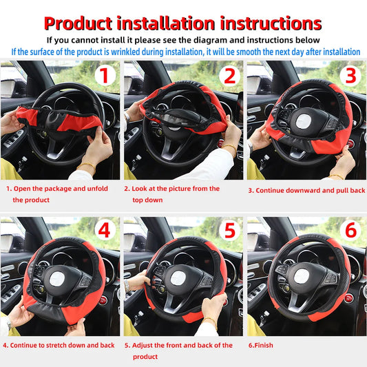 PU Carbon Fiber Leather Steering Wheel Cover – Fits 14.5–15 Inch Cars, Durable Automotive Accessory