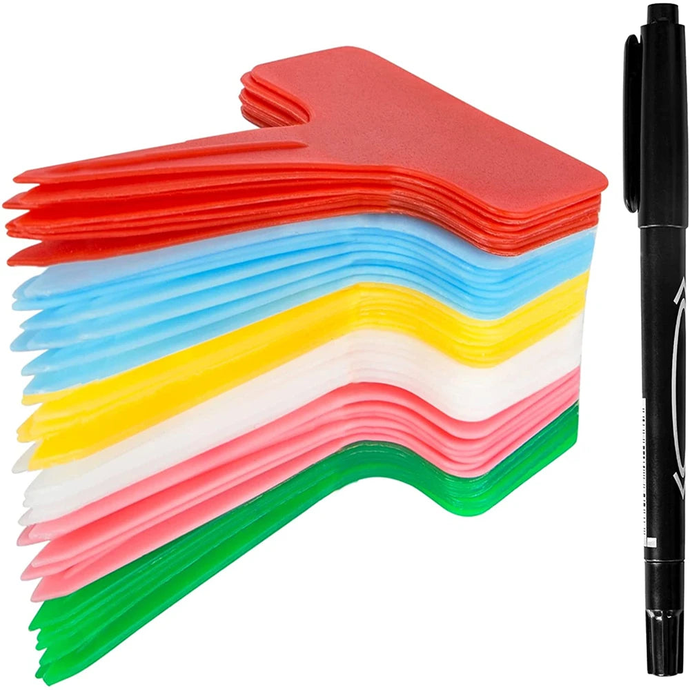 30Pcs T-Shape Plant Labels with Pen – Waterproof Garden Markers for Seedlings & Pots (10CM, 6 Colors)