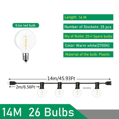 أضواء سلسلة خارجية LED G40 مقاومة للماء، تعمل بجهد 110 فولت/220 فولت، بتصميم زينة أبيض دافئ، مثالية لتزيين الفناء والحديقة وحفلات الزفاف.