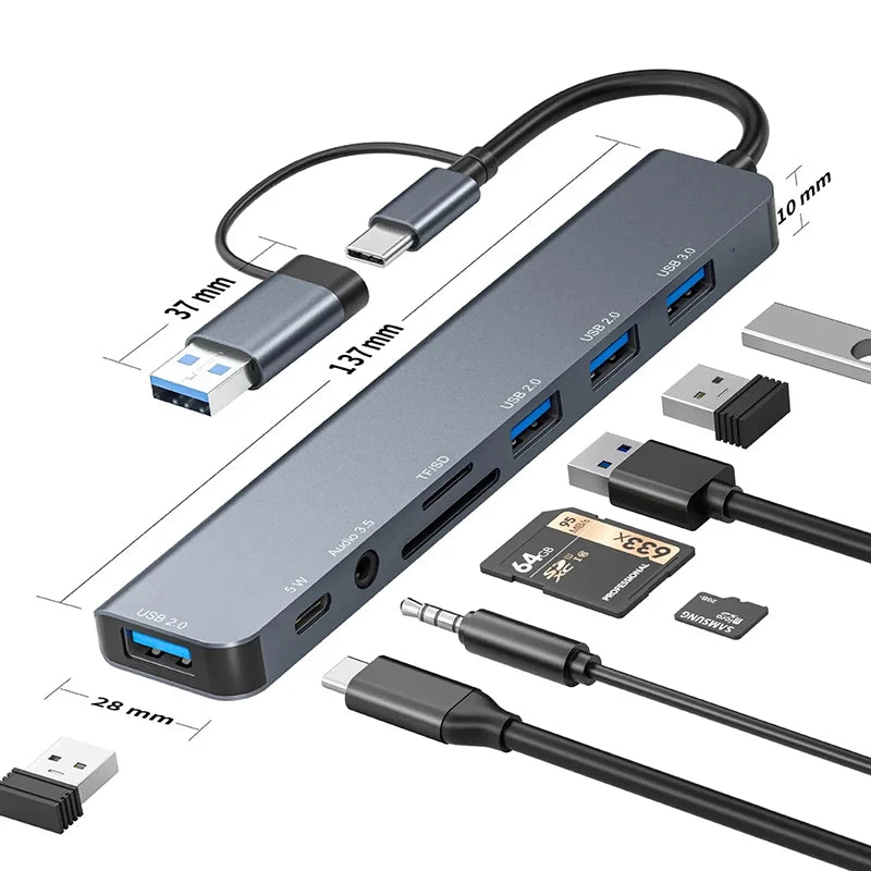 موزع USB-C، مقسم USB، موسع USB 8 في 1 مع 4 منافذ USB ومنفذ USB-C واحد وقارئ بطاقات TF/SD ومخرج صوت، متوافق مع أجهزة MacBook 