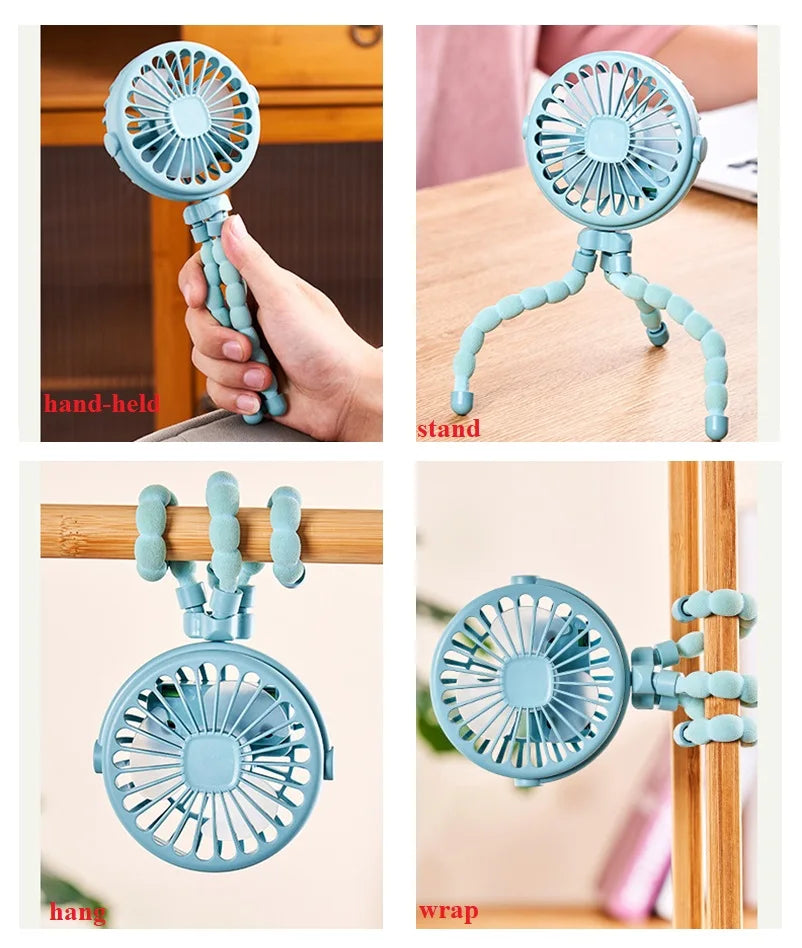 Mini Portable Baby Stroller Fan – USB Rechargeable 3-Speed Flexible Octopus Clip-On Fan