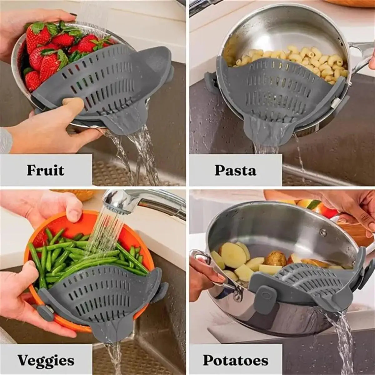 1Pc Clip-On Pot Strainer – Adjustable Silicone Strainer for Pots, Pans & Bowls