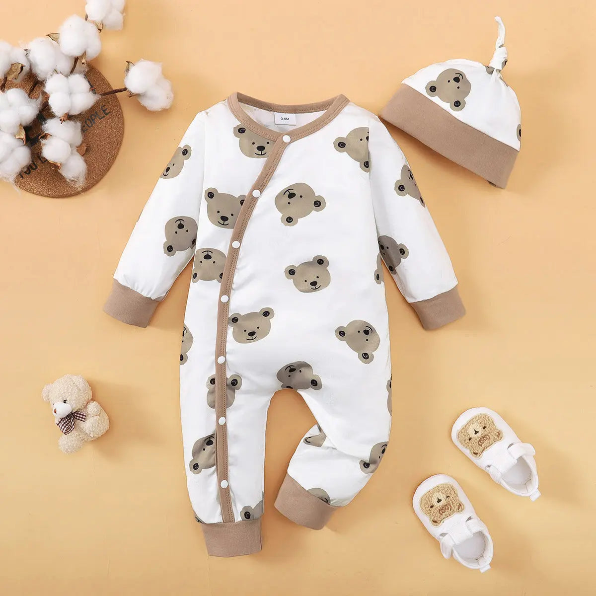 Bear Print Baby Romper – Soft Long Sleeve Winter Jumpsuit for Infants