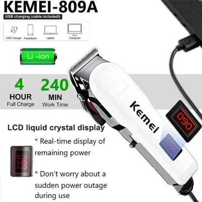 ماكينة حلاقة الشعر Kemei KM-809A - ماكينة تشذيب لاسلكية احترافية بشفرات من الفولاذ المقاوم للصدأ وشاشة LED