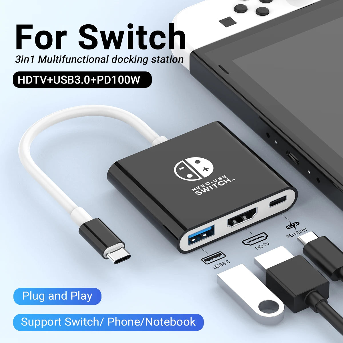 Portable Nintendo Switch Docking Station USB-C Hub with HDMI & USB 3.0 – Travel Gaming Adapter for Switch OLED, Steam Deck, MacBook