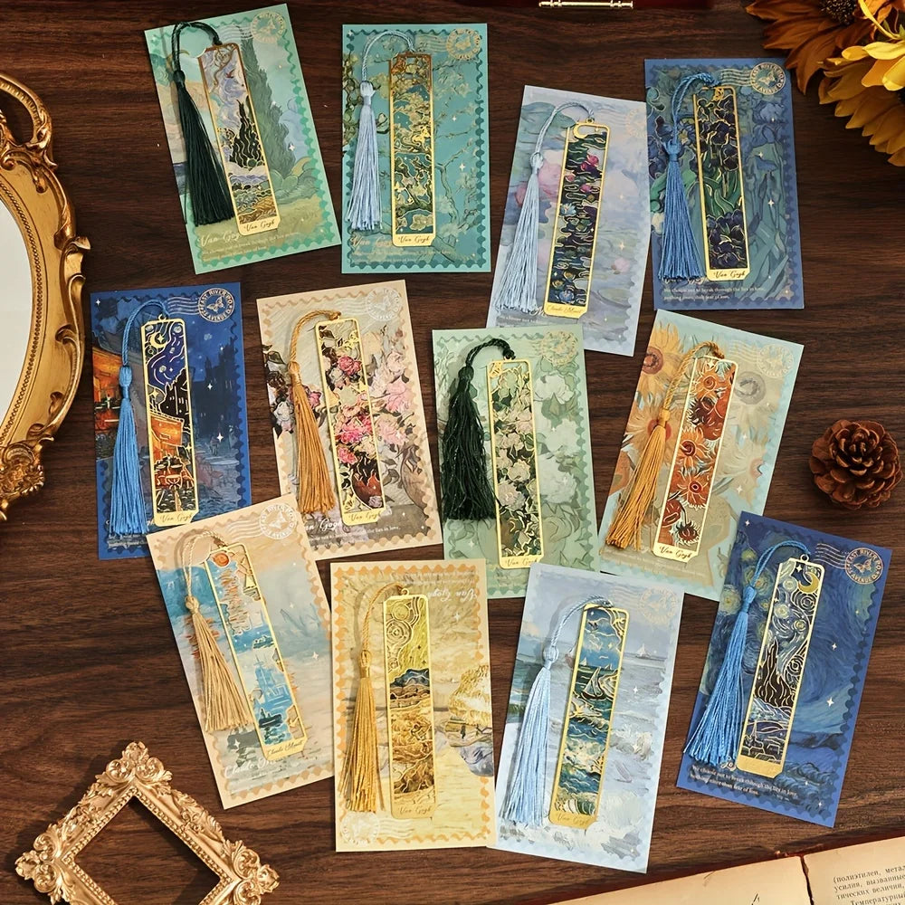 Vintage Oil Painting Metal Bookmarks – Hollow Hot Stamping Tassel Bookmarks for Book Lovers