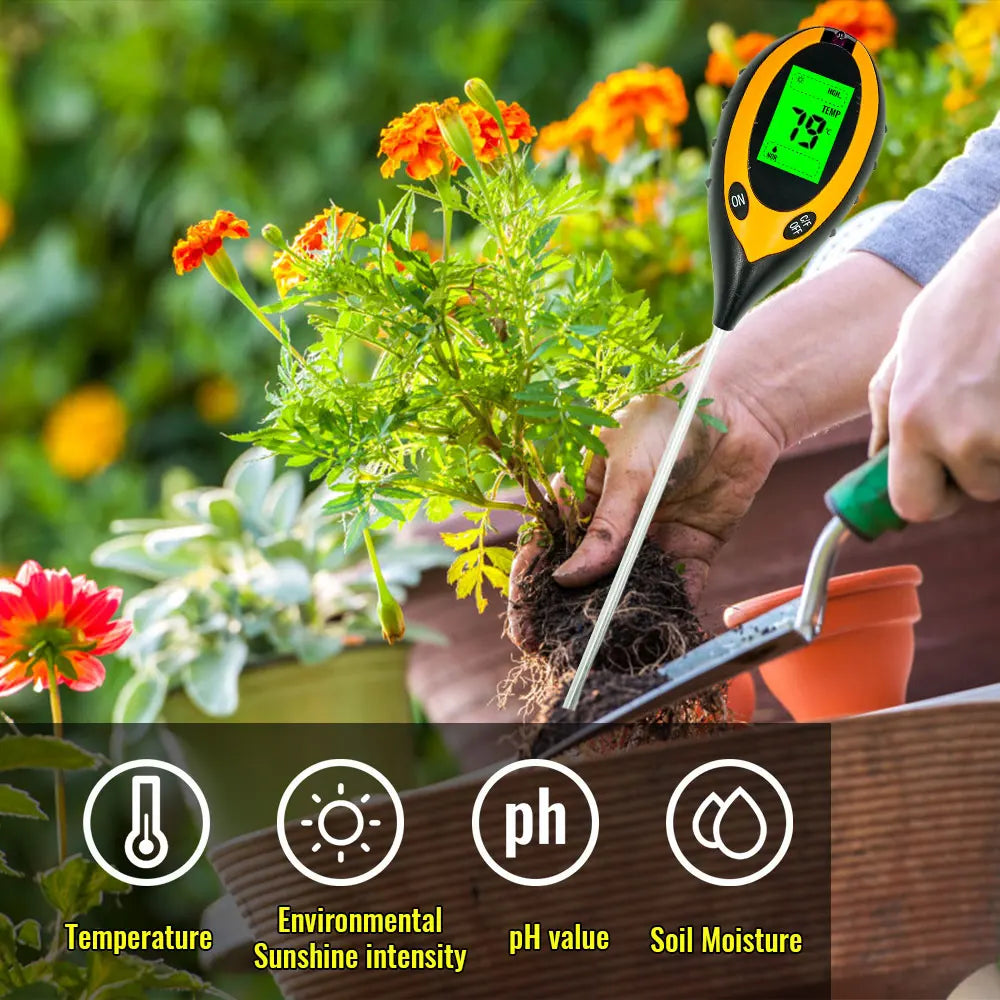 4-in-1 Digital Soil Analyzer – Sunlight Intensity, pH Levels, Soil Moisture & Temperature Tester for Gardening and Farming