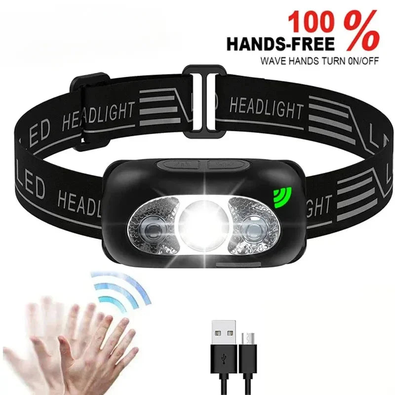 Mini LED Sensor Headlamp – Rechargeable Waterproof Torch for Night Fishing, Hiking, Camping & Cycling