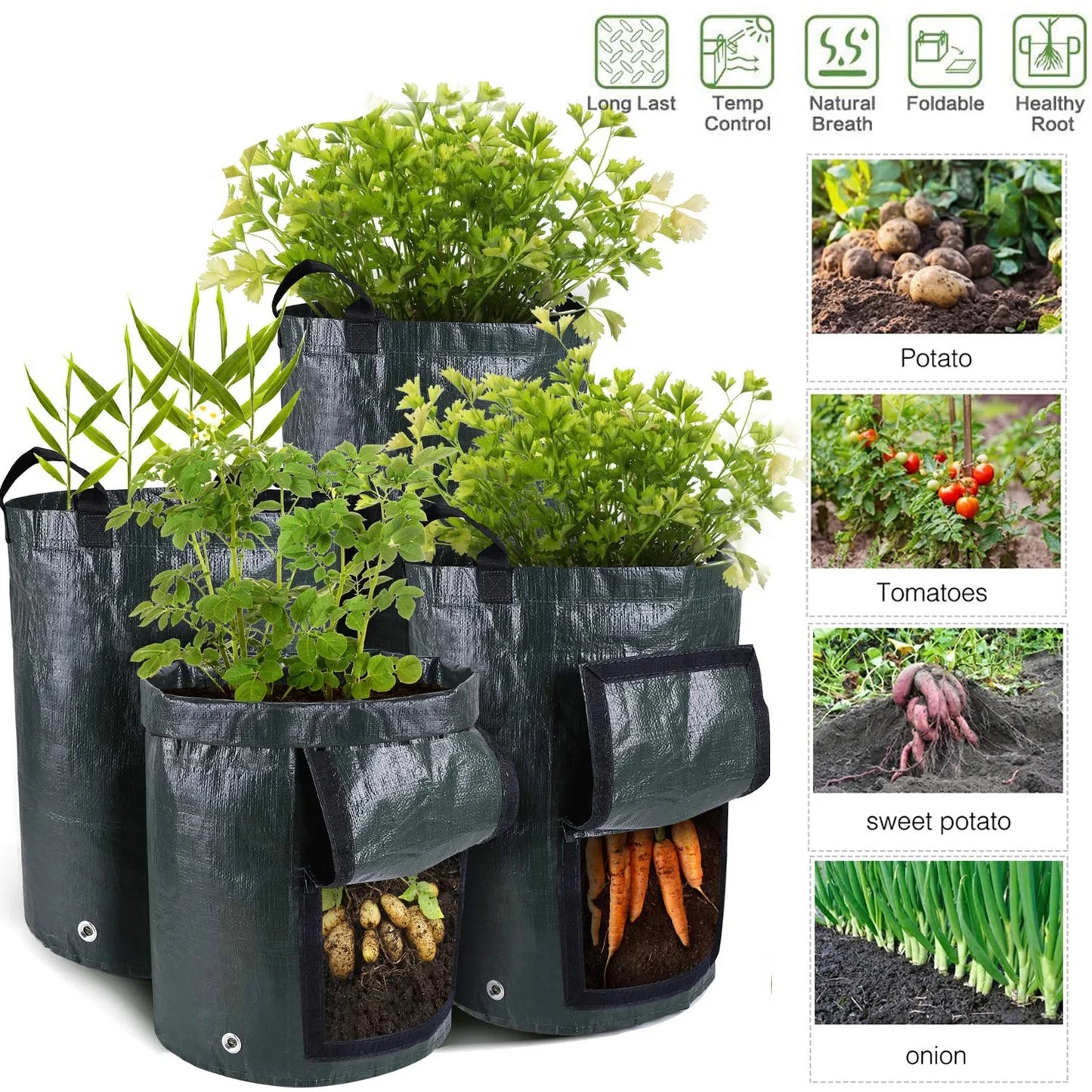 3/5/7/10 Gallon Garden Grow Bags – PE Vegetable Planter Containers for Potatoes, Carrots & Tomatoes