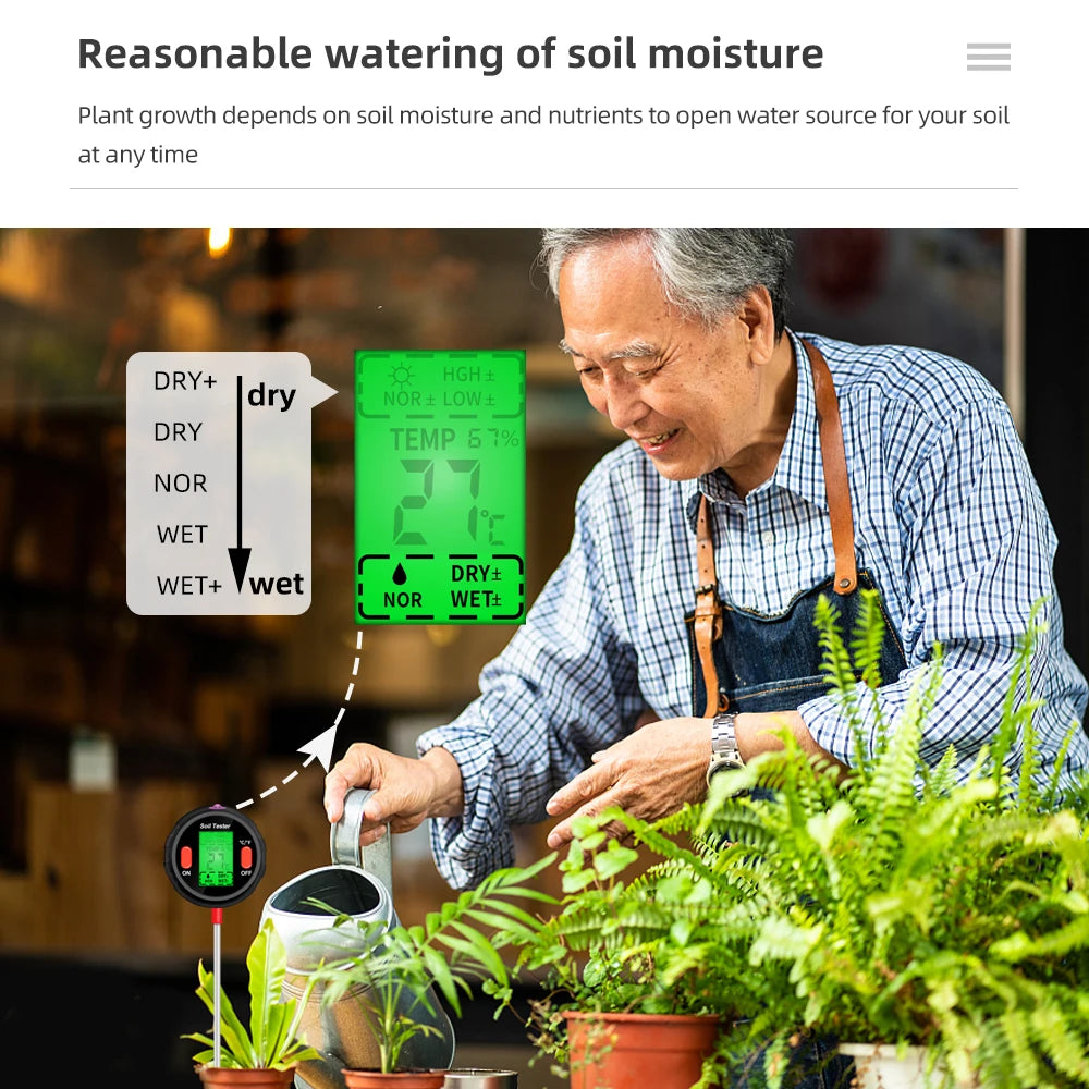 جهاز اختبار درجة حموضة التربة 5 في 1 - مقياس رطوبة محمول، ومقياس حرارة، ومحلل رطوبة وماء للبستنة والزراعة المائية
