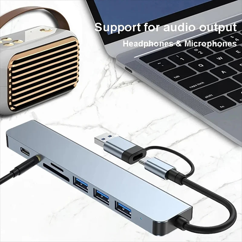 موزع USB-C، مقسم USB، موسع USB 8 في 1 مع 4 منافذ USB ومنفذ USB-C واحد وقارئ بطاقات TF/SD ومخرج صوت، متوافق مع أجهزة MacBook 