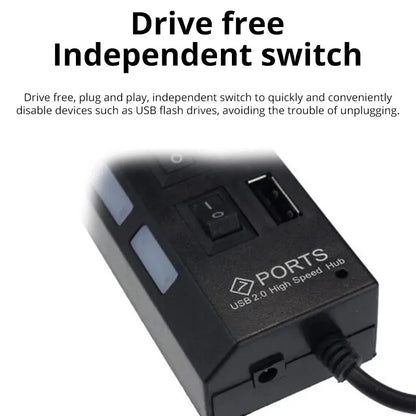 موزع USB 2.0 بسبعة منافذ، موزع USB للكمبيوتر، موزع USB One Drag Seven USB 2.0 للكمبيوتر الشخصي، الكمبيوتر المحمول، الكمبيوتر المكتبي 