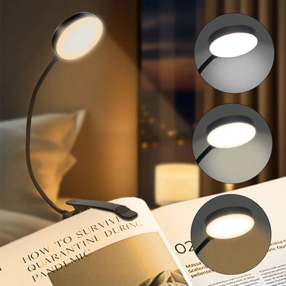 مصباح قراءة LED قابل لإعادة الشحن عبر منفذ USB - مصباح قراءة مرن قابل للتثبيت بمشبك مع أوضاع إضاءة دافئة وباردة ونهارية