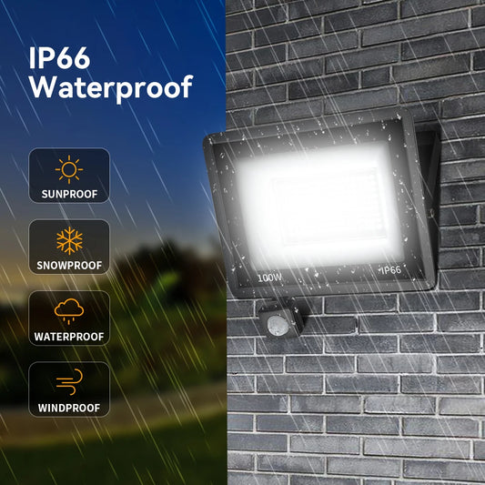 LED PIR Motion Sensor Floodlight Outdoor Wall Light – Waterproof IP66 White LED Spotlight 10W to 100W for Garden & Security