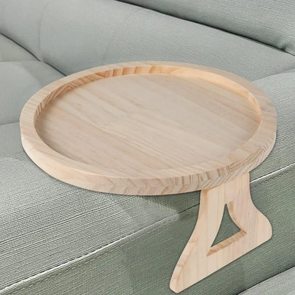 Wooden Sofa Armrest Clip-On Tray Table – Foldable Round Snack Side Table