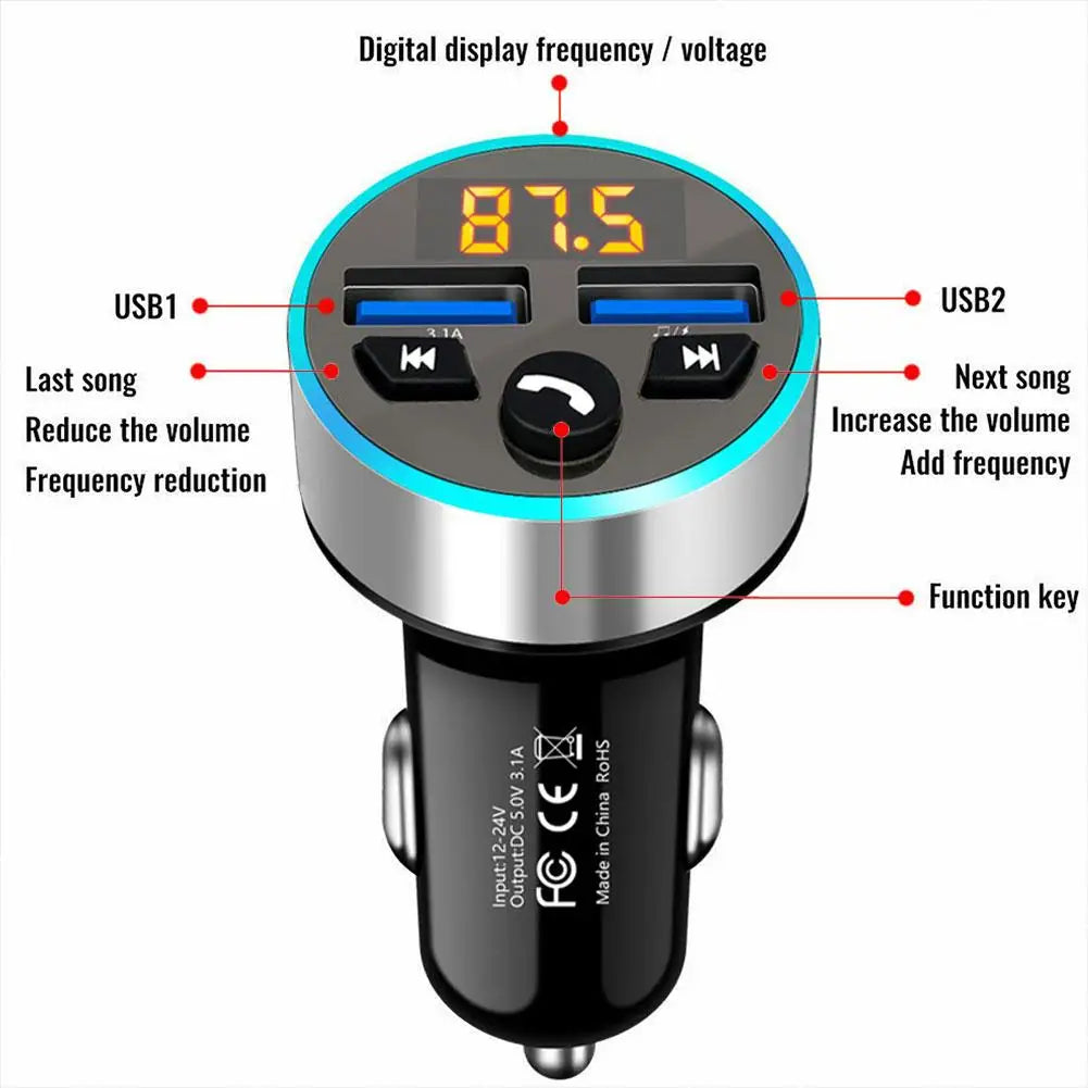 FM Transmitter Stereo Car MP3 Player Dual USB 3.1A Fast Charging Dual USB Charger Car Bluetooth 5.0 Handsfree Kit FM Modulator