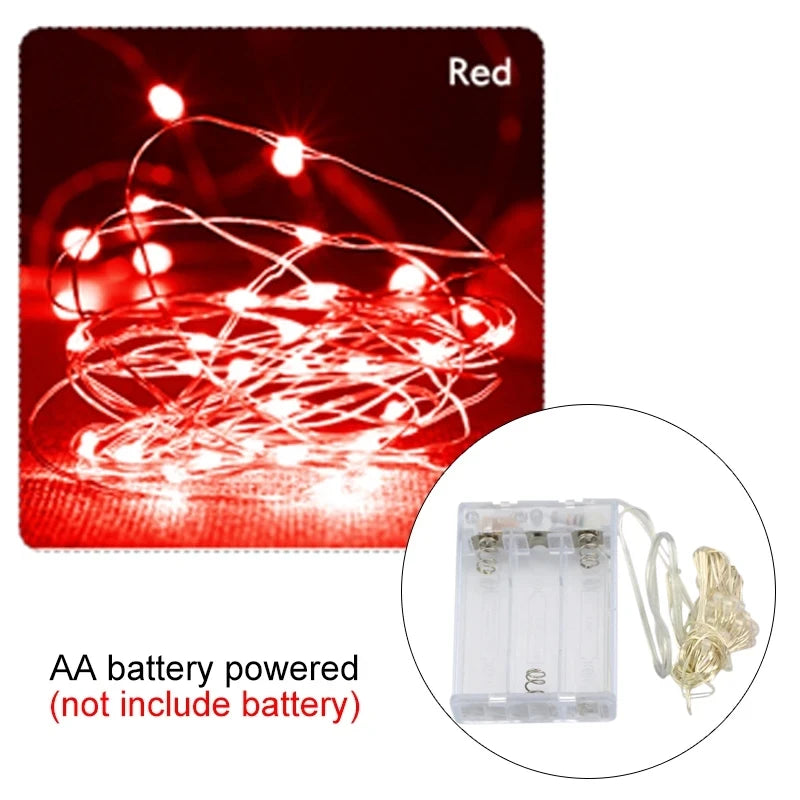 سلسلة أضواء زينة LED من أسلاك نحاسية تعمل بالبطارية - مقاومة للماء من 2 إلى 10 أمتار - مثالية لتزيين حفلات الزفاف وأعياد الميلاد