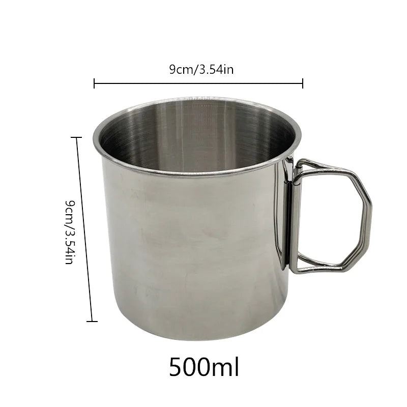Stainless Steel Camping Cup – 250ml / 350ml / 500ml Portable Outdoor Mug with Carabiner & Foldable Handle