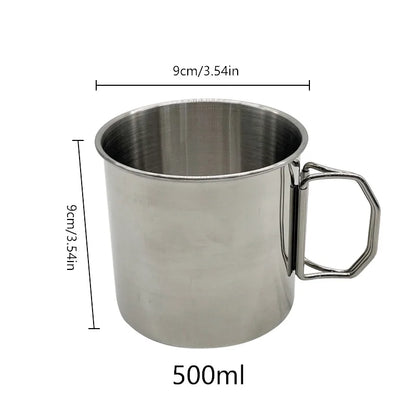 Stainless Steel Camping Cup – 250ml / 350ml / 500ml Portable Outdoor Mug with Carabiner & Foldable Handle
