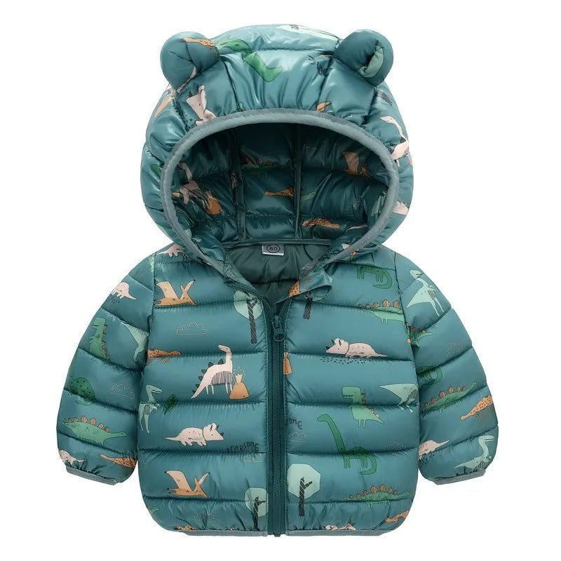 Children’s Lightweight Down Jacket with Hood – Boys Girls Autumn Dinosaur Print Coat