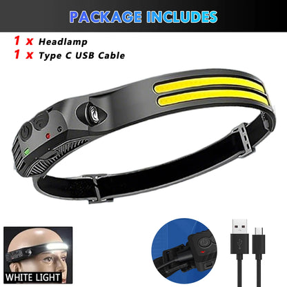 COB LED Sensor Head Lamp Induction Headlamp Built-in Battery Flashlight USB Rechargeable Head Torch 5 Lighting Modes Headlight