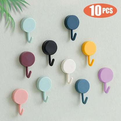 10PCS Self Adhesive Wall Hooks Strong Hold No Drilling – Multi-Color Coat, Bag, Towel Hangers for Bathroom, Kitchen & Home Storage