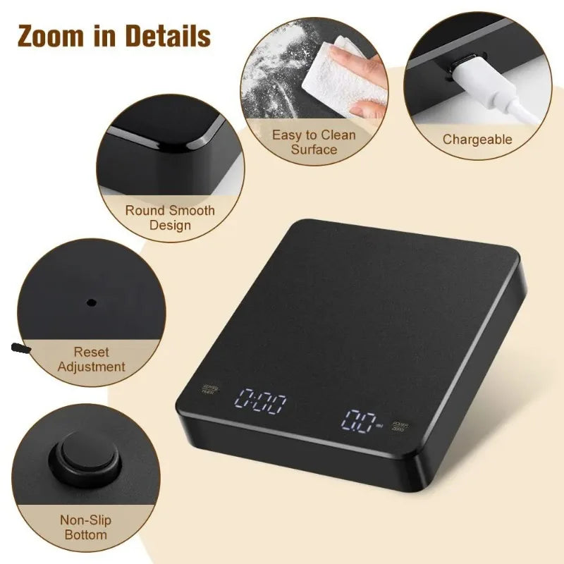 Digital Coffee Scale with Timer – High-Precision Espresso Scale (USB Rechargeable, LED Display, 3kg Max, 0.1g Accuracy)
