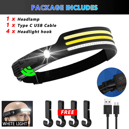 COB LED Sensor Head Lamp Induction Headlamp Built-in Battery Flashlight USB Rechargeable Head Torch 5 Lighting Modes Headlight