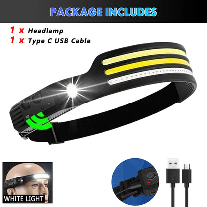 COB LED Sensor Head Lamp Induction Headlamp Built-in Battery Flashlight USB Rechargeable Head Torch 5 Lighting Modes Headlight