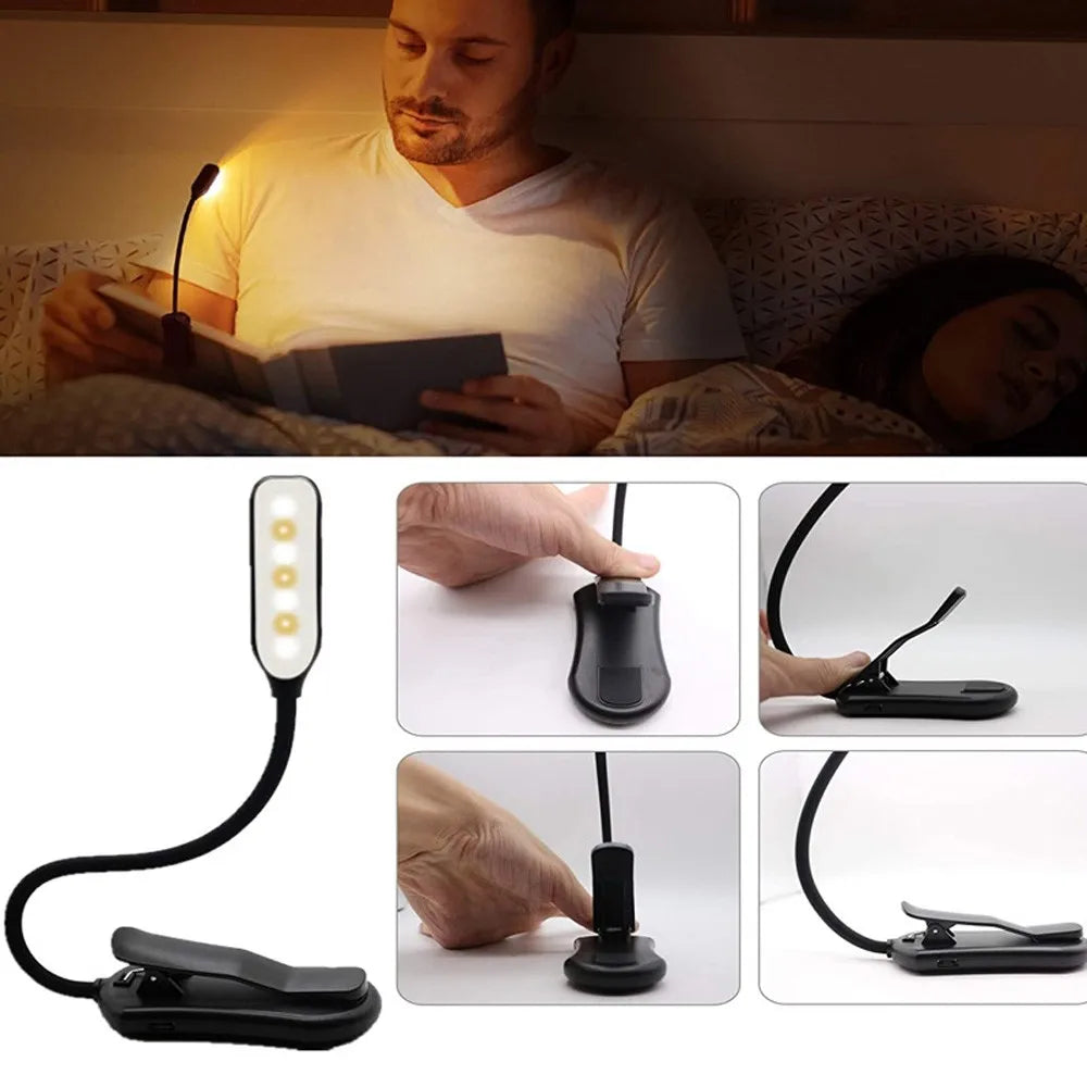 7 LED USB Rechargeable Book Light – Clip-On Reading Lamp with 3 Color Modes & 9 Brightness Levels for Bedside, Study & Travel