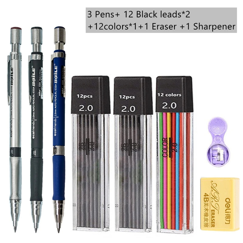 Mechanical Pencil Set 2.0 mm with 2B Black/Colors Lead Refill For Writing Sketching Art Drawing Painting School Automatic Pencil