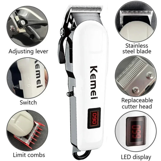 Kemei KM-809A Hair Clipper – Professional Wireless Trimmer with Stainless Blades & LED Display