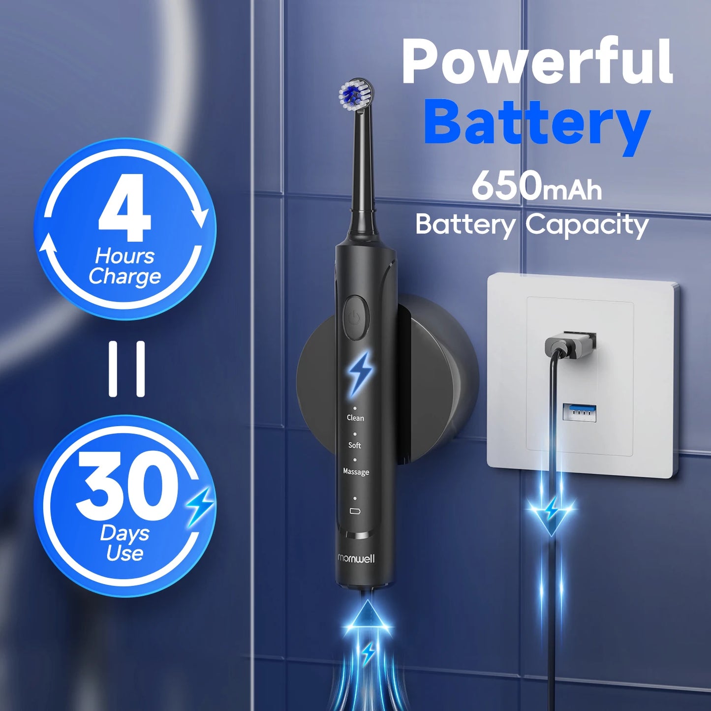 فرشاة أسنان كهربائية قابلة لإعادة الشحن – فرشاة أسنان سونيك T37 للبالغين مع 4 رؤوس فرشاة و3 أوضاع تنظيف