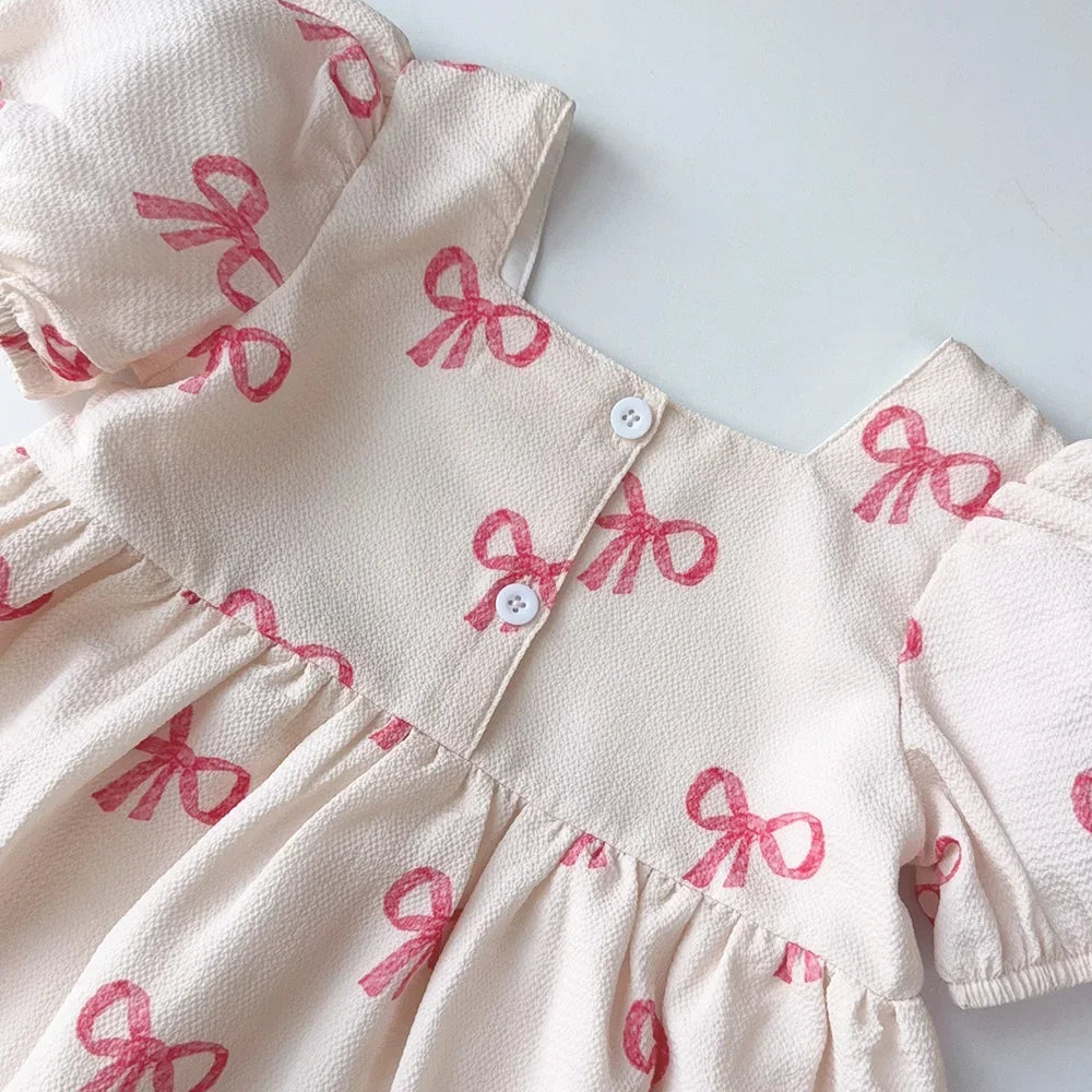 فستان صيفي للبنات من بير ليدر - فستان كاجوال بأكمام قصيرة مطبوع عليه فيونكة، مناسب للأعمار من 3 إلى 7 سنوات