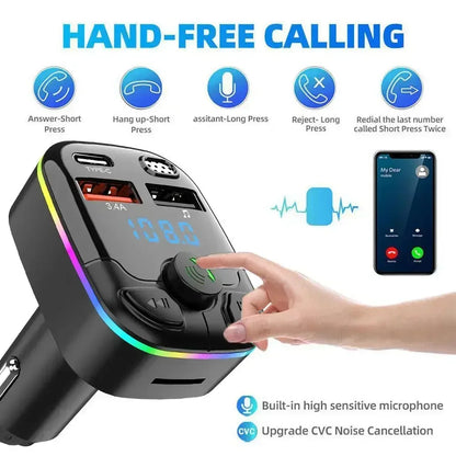 Car FM Transmitter PD Type-C Dual USB Ambient Player MP3 Bluetooth 5.0  Fast Charger Type-C Wireless Light Handsfree PD